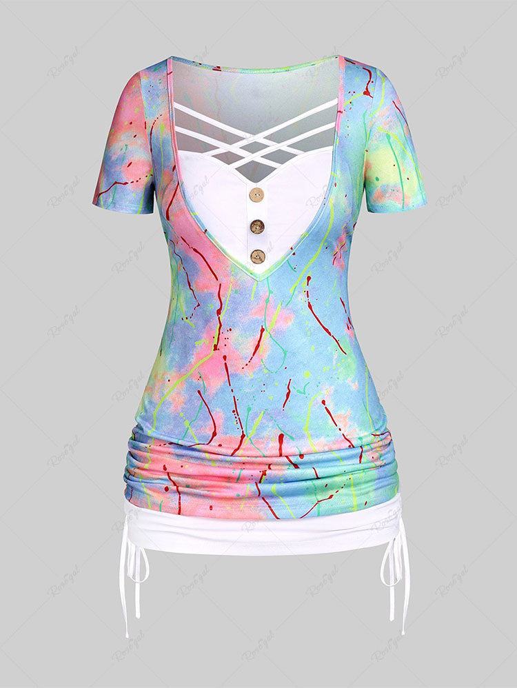 Plus Size Curve Tie Dye Crisscross Cinched 2 In 1 Tee