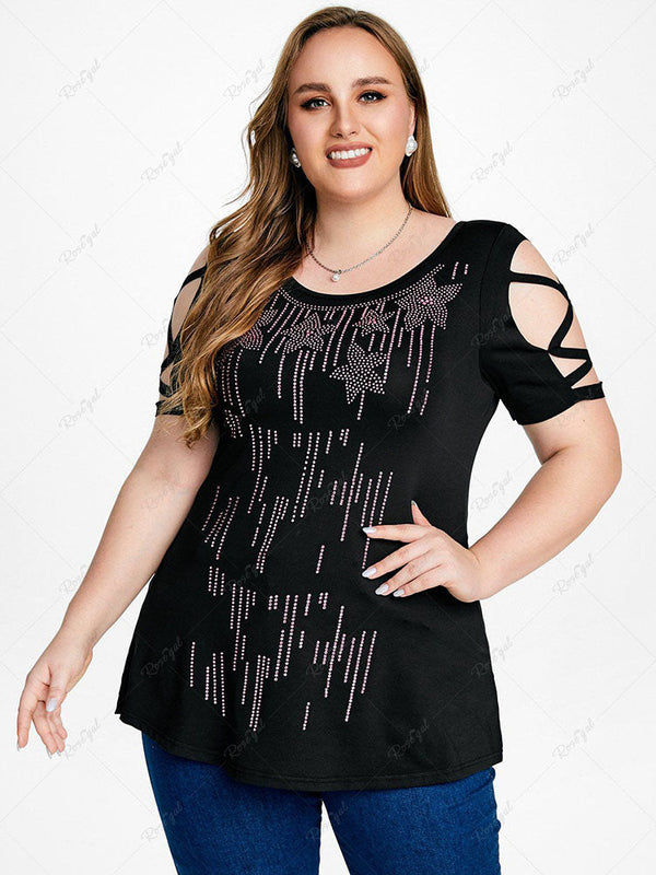 Plus Size Cold Shoulder Rhinestone Print Tee