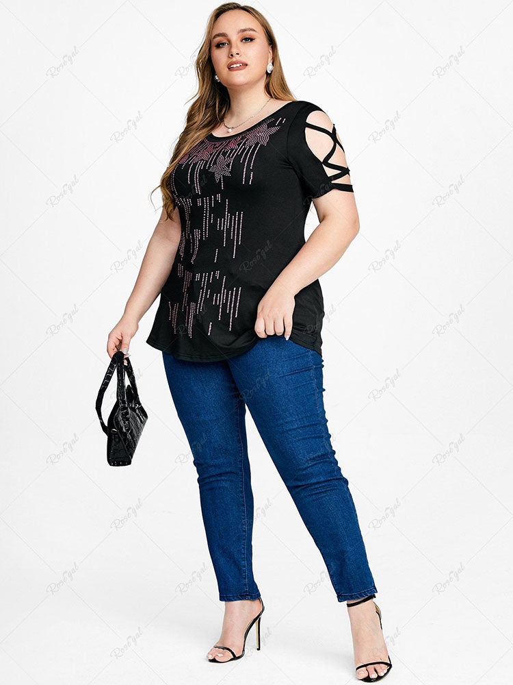 Plus Size Cold Shoulder Rhinestone Print Tee