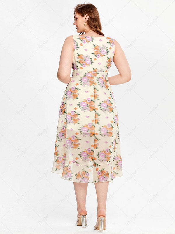 Plus Size Plunge Floral Print Flounced Midi Sundres