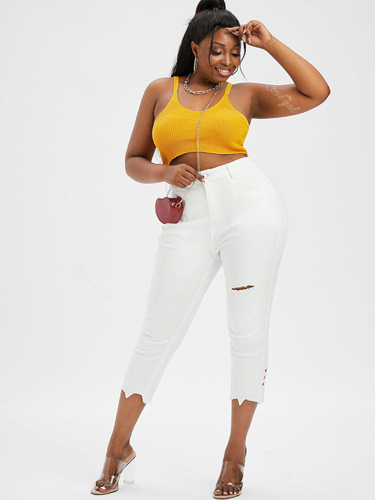 Plus Size & Curve Ripped Raw Hem Tapered Cropped Jeans