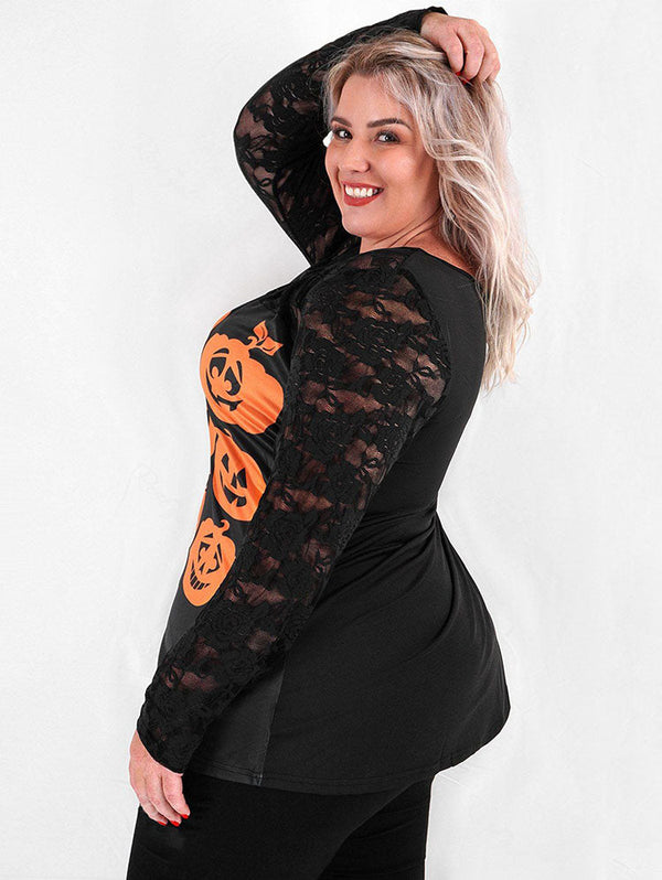 Plus Size Lace Sleeve Pumpkin Face Print Halloween Tee