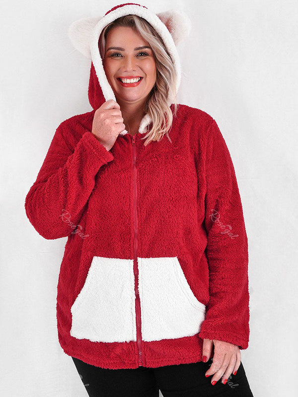 Plus Size Christmas Colorblock Hooded Fuzzy Faux Fur Coat