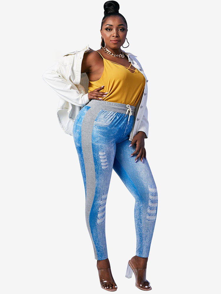 Marl Panel Combo 3D Print Plus Size Skinny Pants