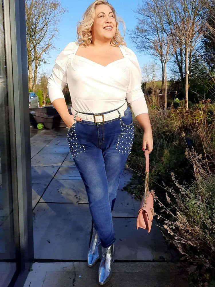 High Waist Zipper Beaded Skinny Jeans