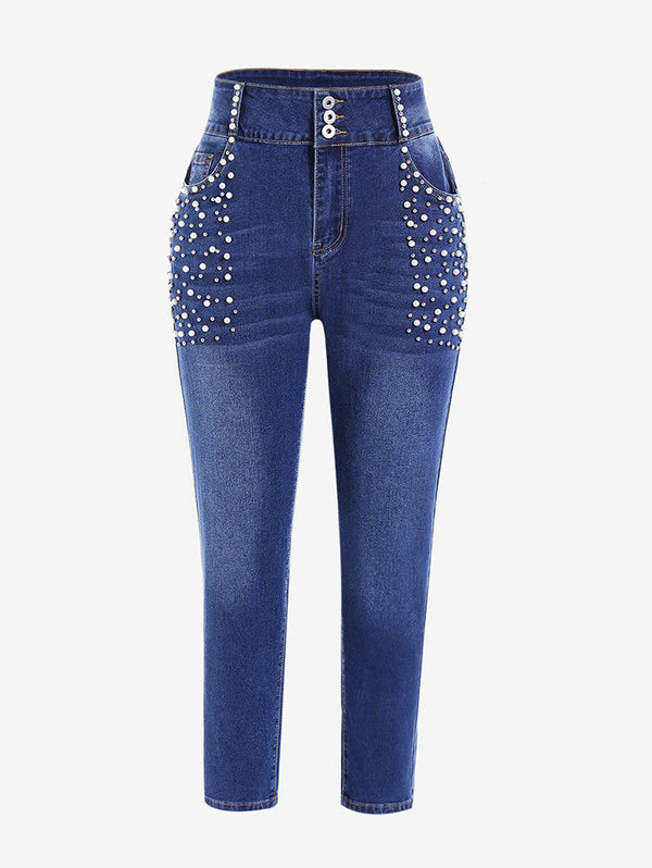 High Waist Zipper Beaded Skinny Jeans