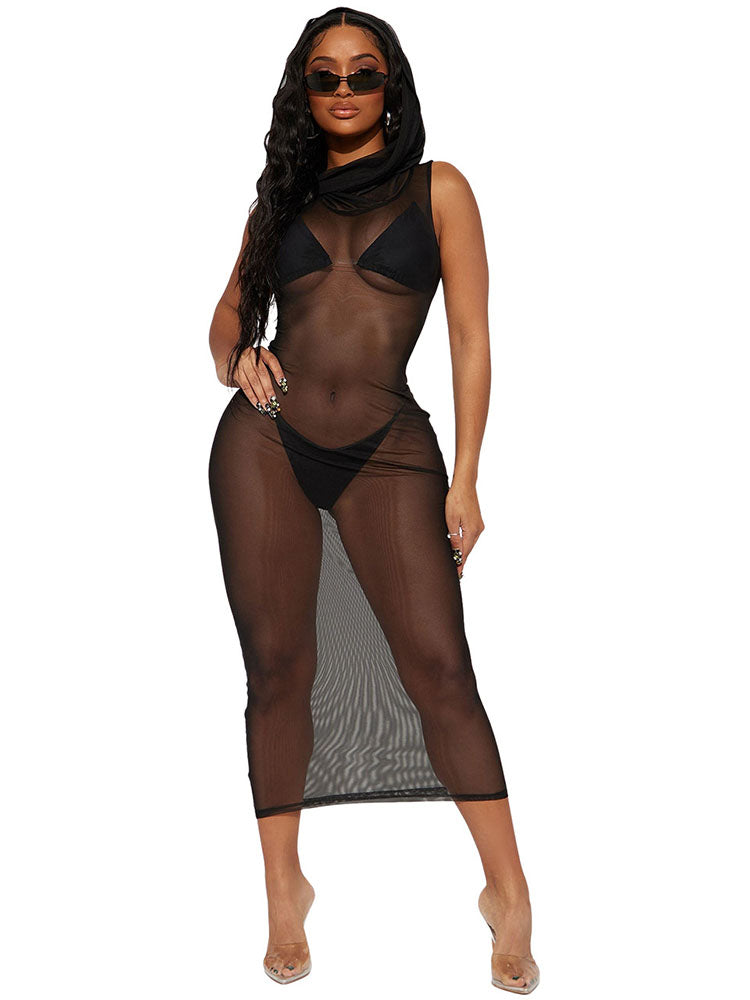 Sleeveless Mesh Hooded Maxi Dersses