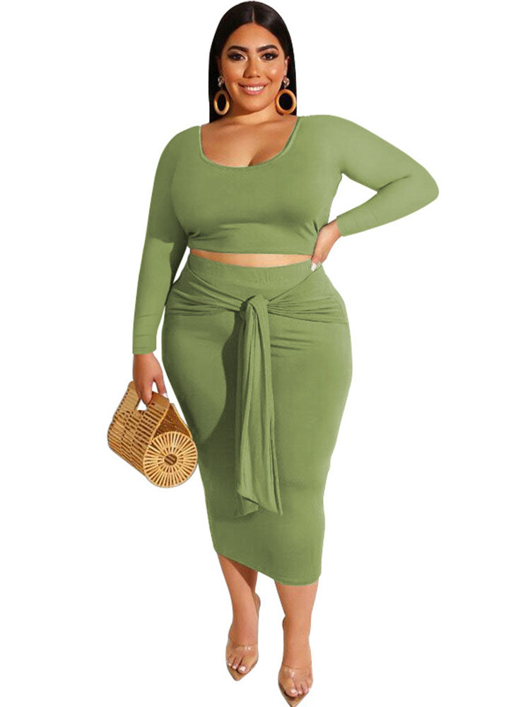 Two Piece Solid Crop Top Midi Skirt Plus Size Set