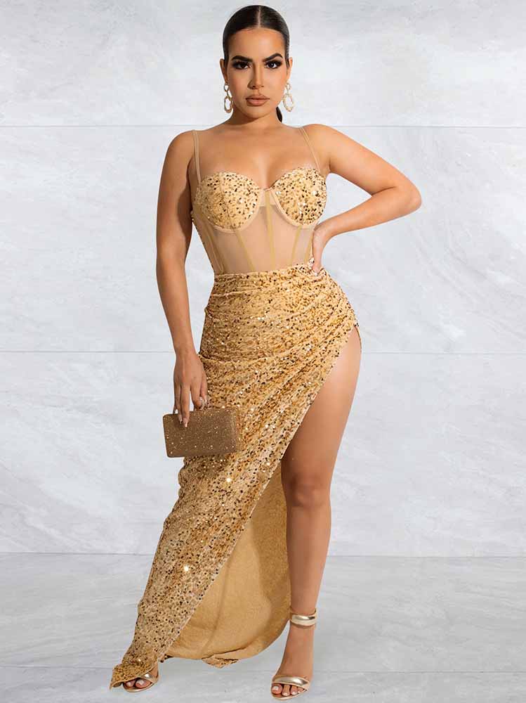 Spaghetti Strap Sequin Split Maxi Dressses