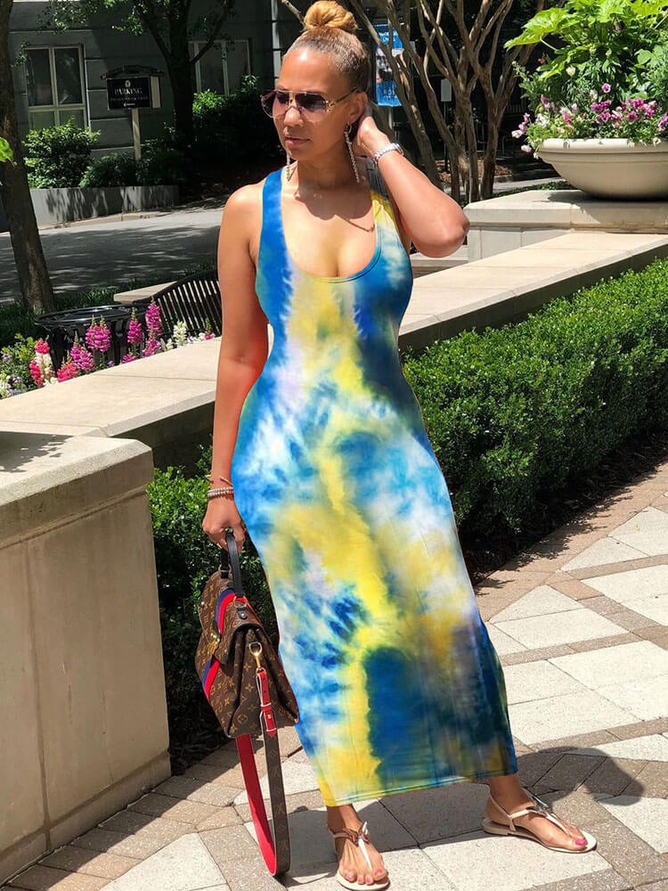 Tie Dye Sleevelesss Criss Cross Maxi Dresses