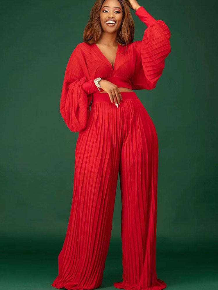 Long Sleeve V-Neck Top and Wide Leg Pants Set