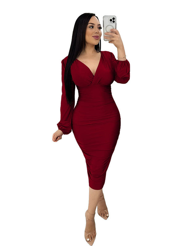 Deep V Neck Long Sleeve Bodycon Ruched Midi Dresses