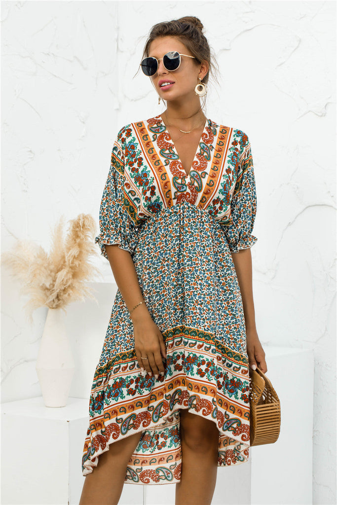 Boho Printed Bohemian V Neck Dress