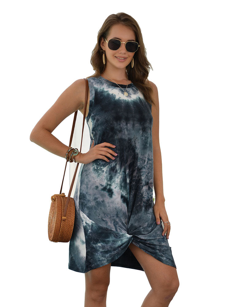 Sleeveless Tie Dye Crew Neck Ruched Mini Dresses