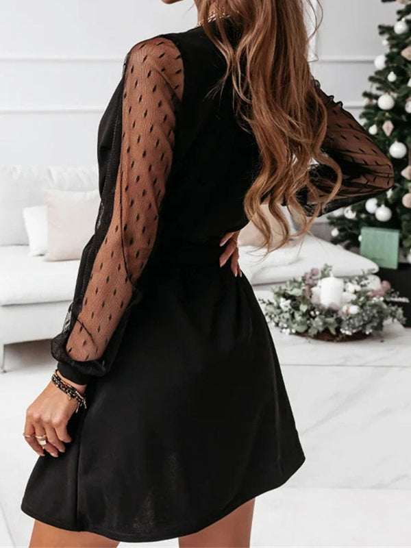 V Neck Long Sleeve Mesh Ruched Tie Up Mini Dresses