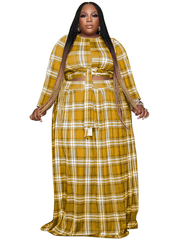 Two Piece Plaid Crop Top Maxi Skirt Plus Size Set