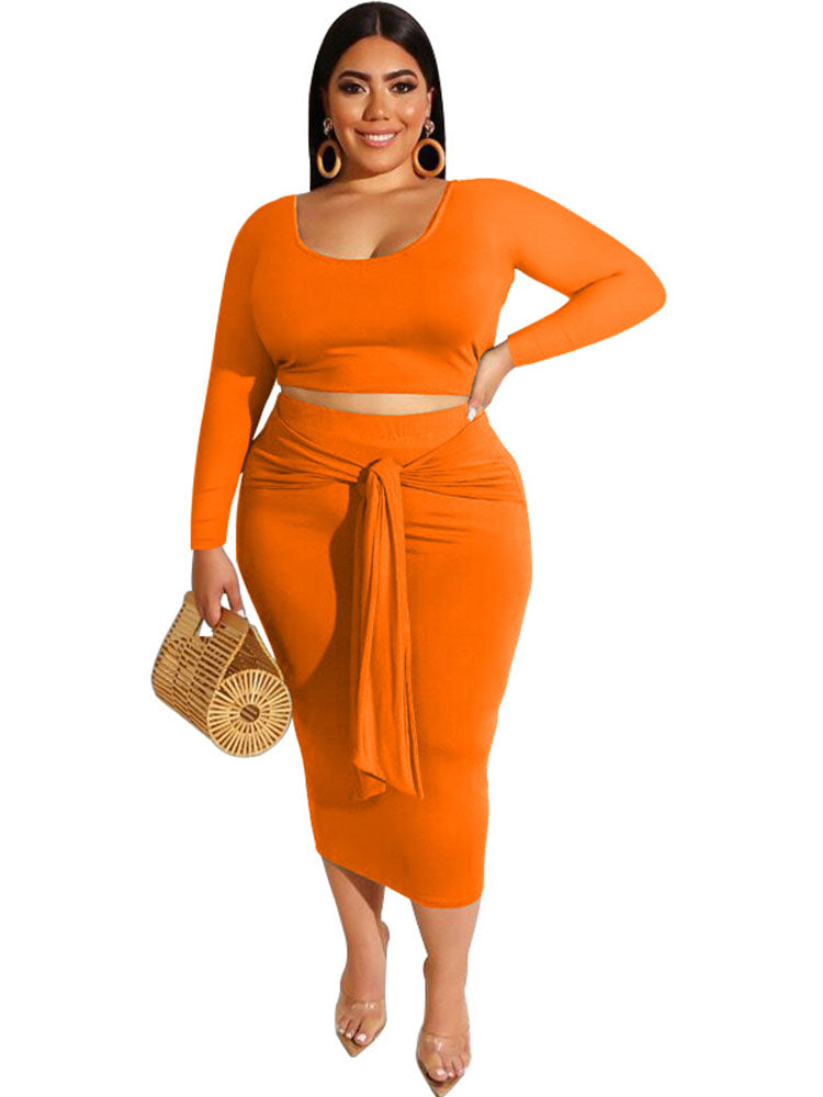 Two Piece Solid Crop Top Midi Skirt Plus Size Set