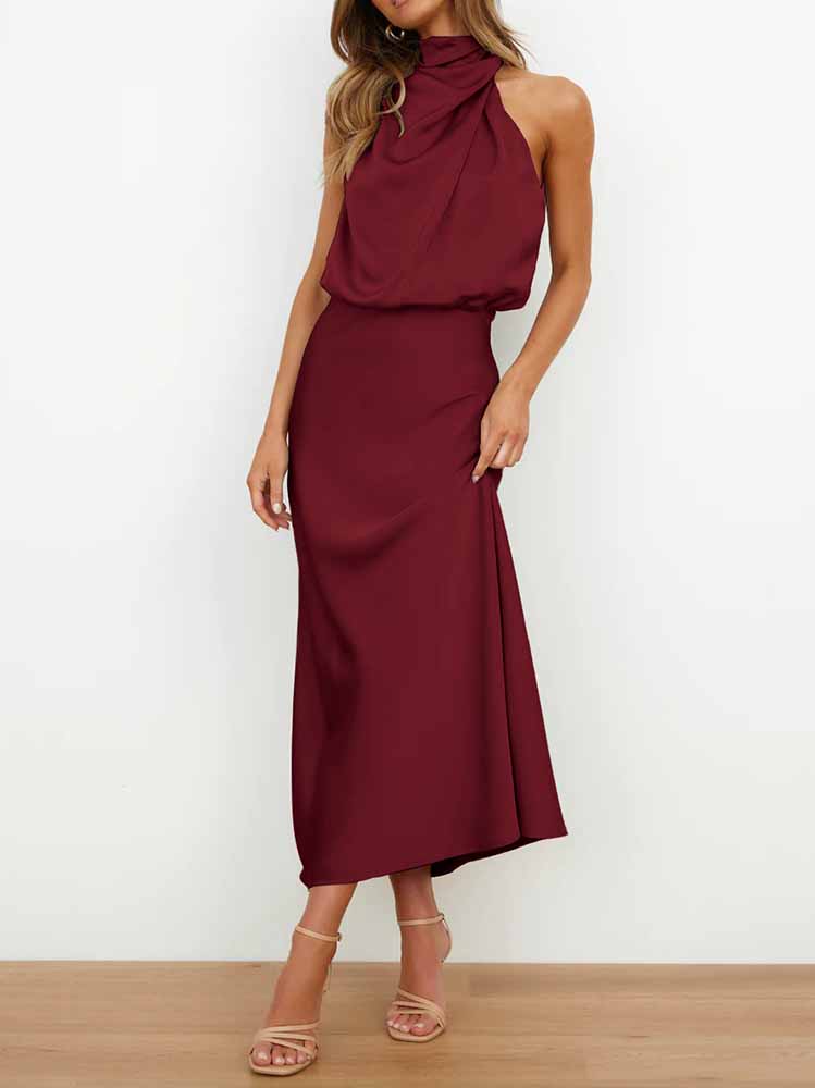 Satin Mock Neck Waist Maxi Dresses