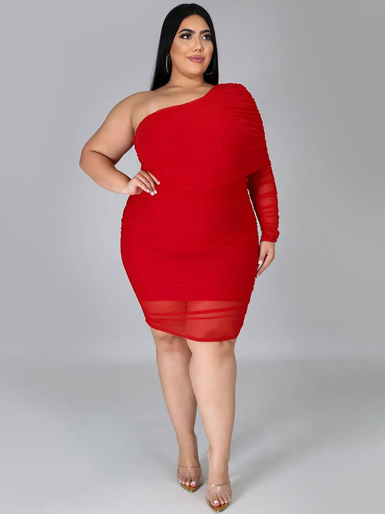 Plus Size One Shoulder Long Sleeve Mini Dress