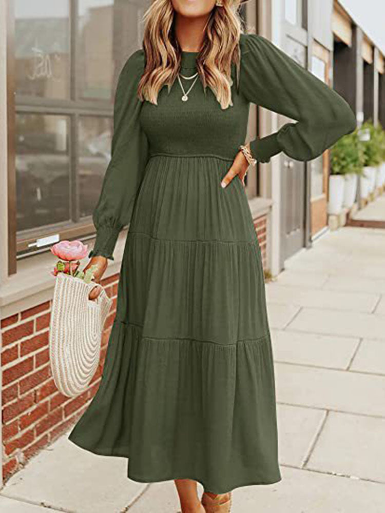 Long Sleeve Tiered Crew Neck Midi Dresses