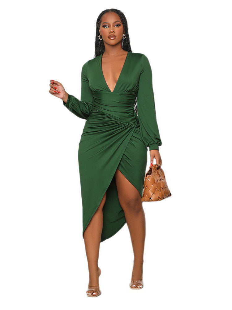 Deep V Neck Long Sleeve Ruched Midi Dresses