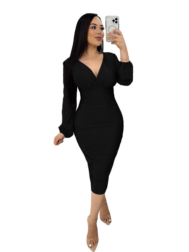 Deep V Neck Long Sleeve Bodycon Ruched Midi Dresses