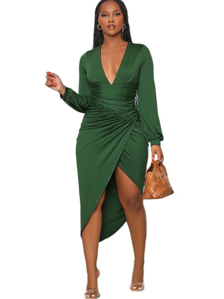 Long Sleeve Asymmetrical Hem Midi Dresses