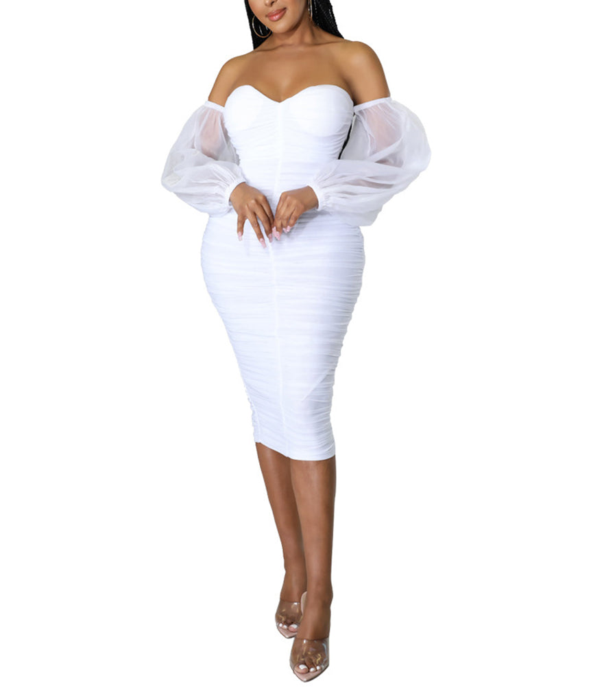 Off Shoulder Mesh Long Sleeve Ruched Midi Dress