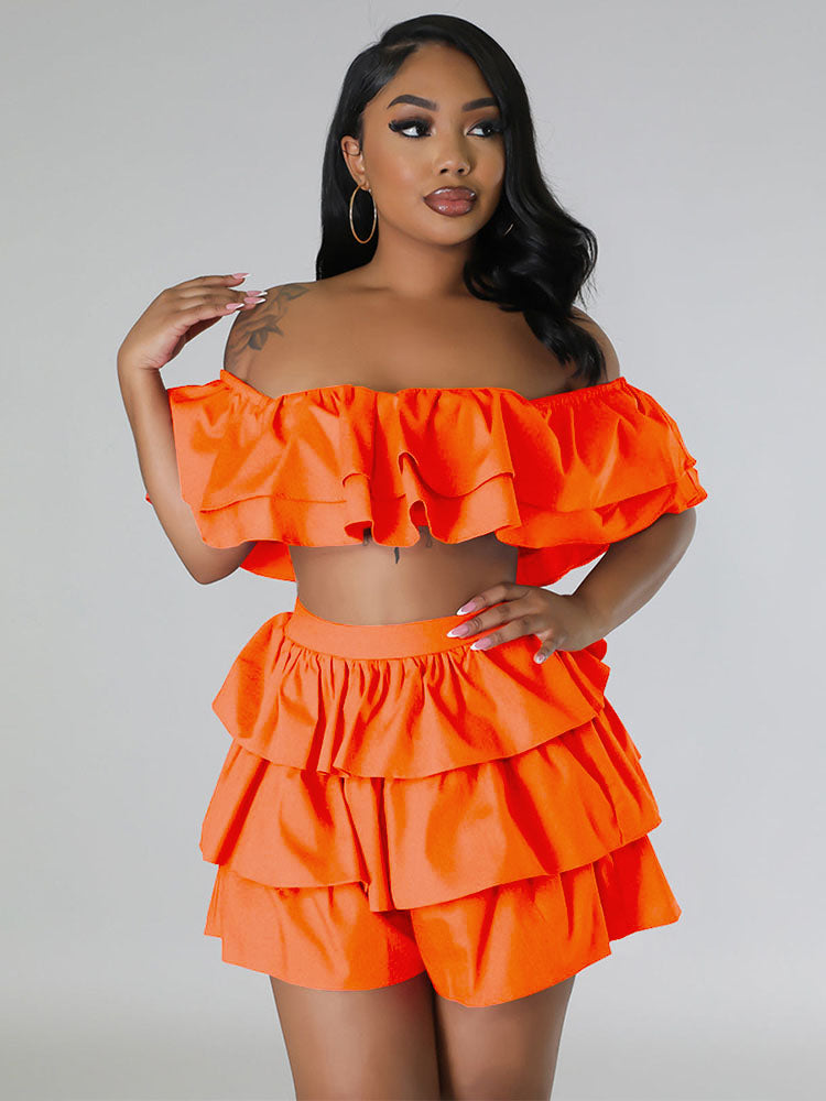 Ruffled Edge Bandeau Crop Top Shorts Set