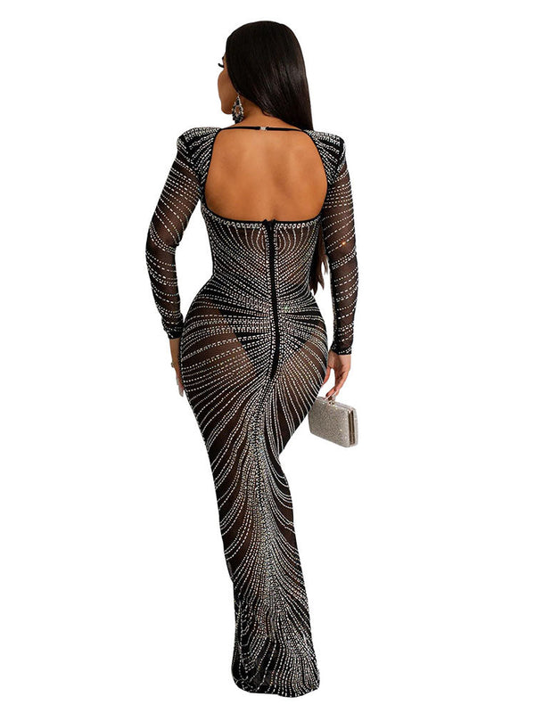 Long Sleeve Sequin Glitter Bodycon Mesh Maxi Dresses