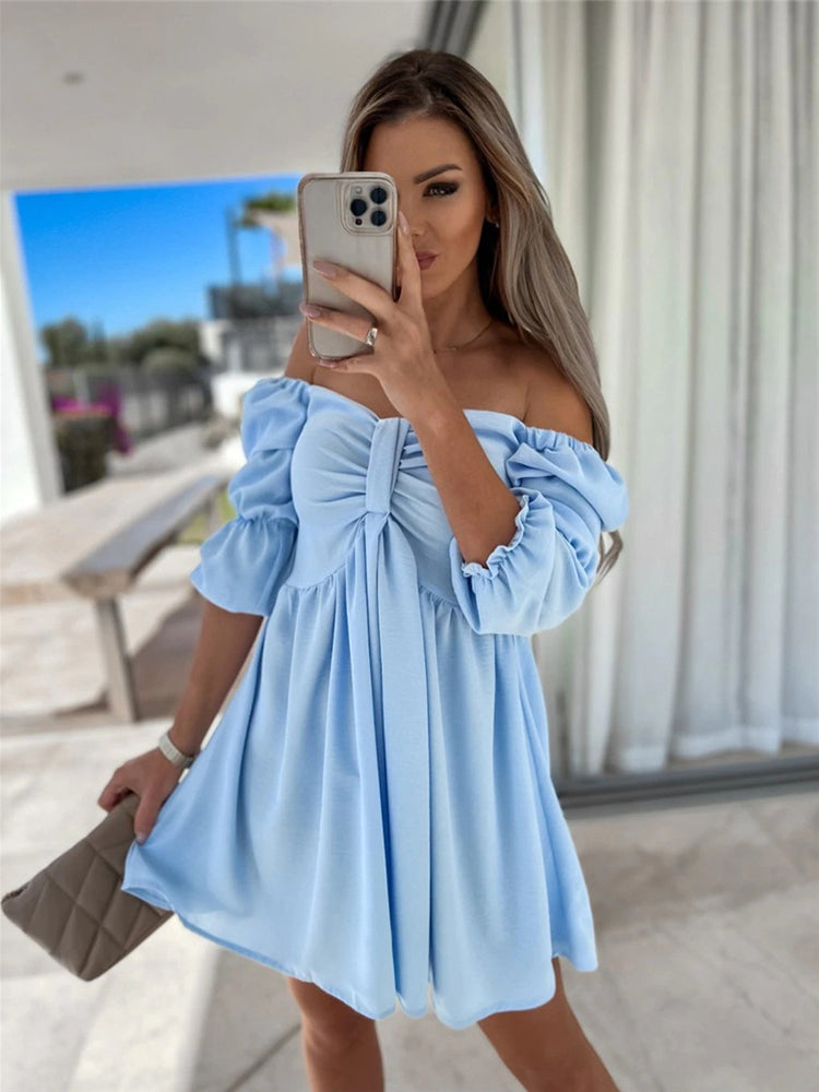 Puff Sleeve Off Shoulder Ruffle Mini Dresses