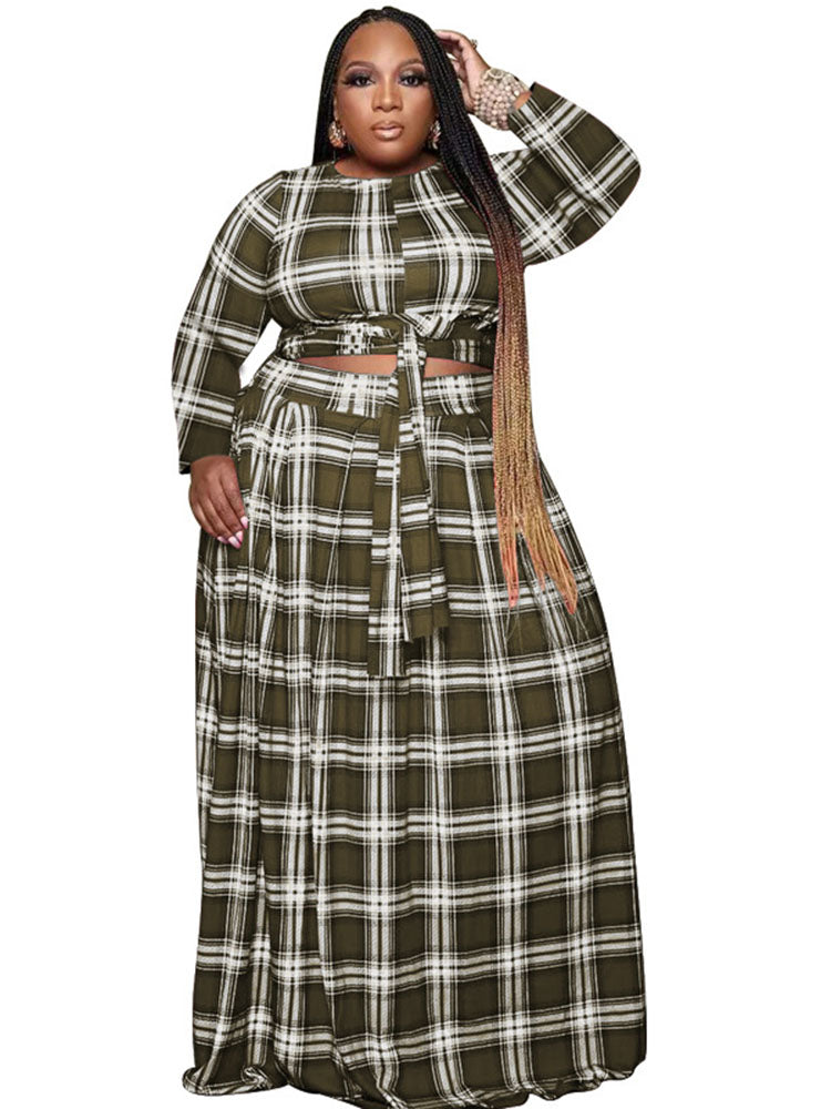 Two Piece Plaid Crop Top Maxi Skirt Plus Size Set