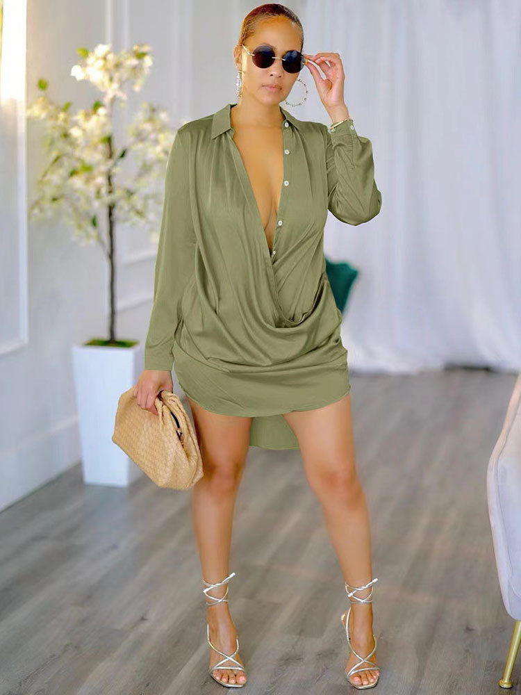 V Neck Long Sleeve Button Down Ruched Shirt Mini Dresses