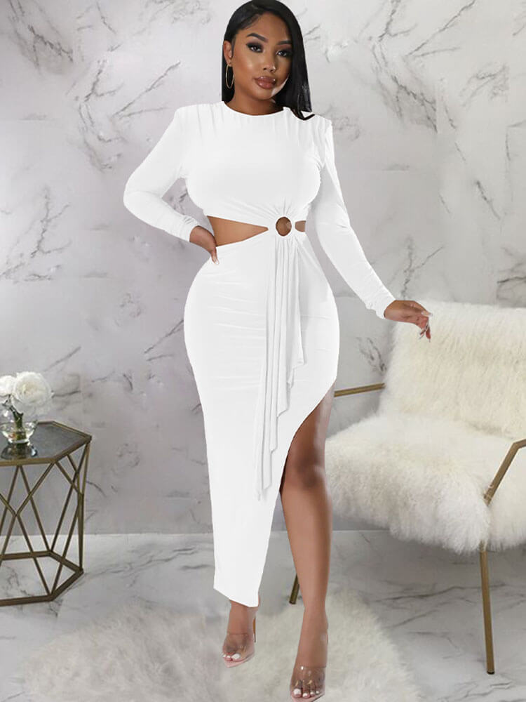 Long Sleeve Cutout Ruched Slit Midi Dresses