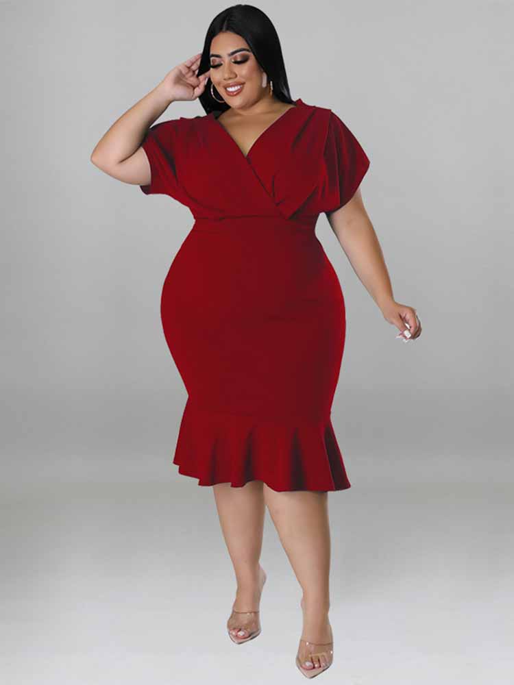 V Neck Ruffle Hem Plus Size Midi Dresses