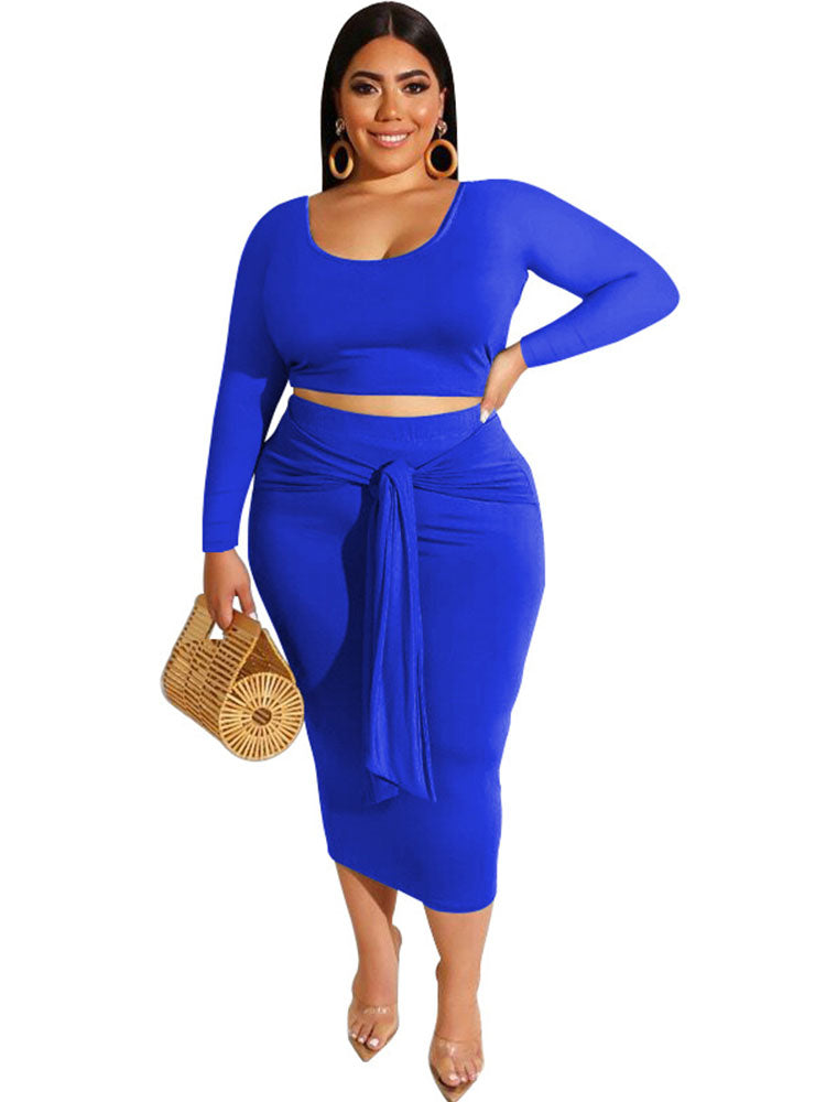 Two Piece Solid Crop Top Midi Skirt Plus Size Set