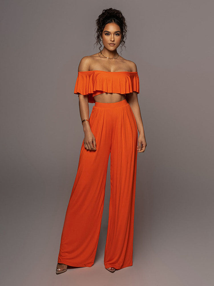 Two Piece Ruffle Crop Top & Long Pants