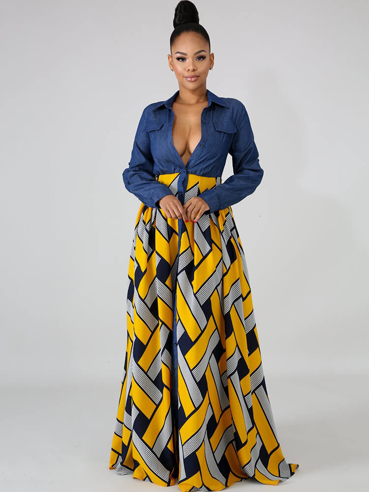 Denim Long Sleeve Plaid Patchwork Maxi Dresses