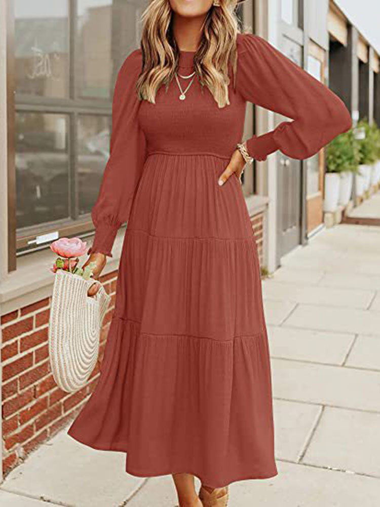 Long Sleeve Tiered Crew Neck Midi Dresses