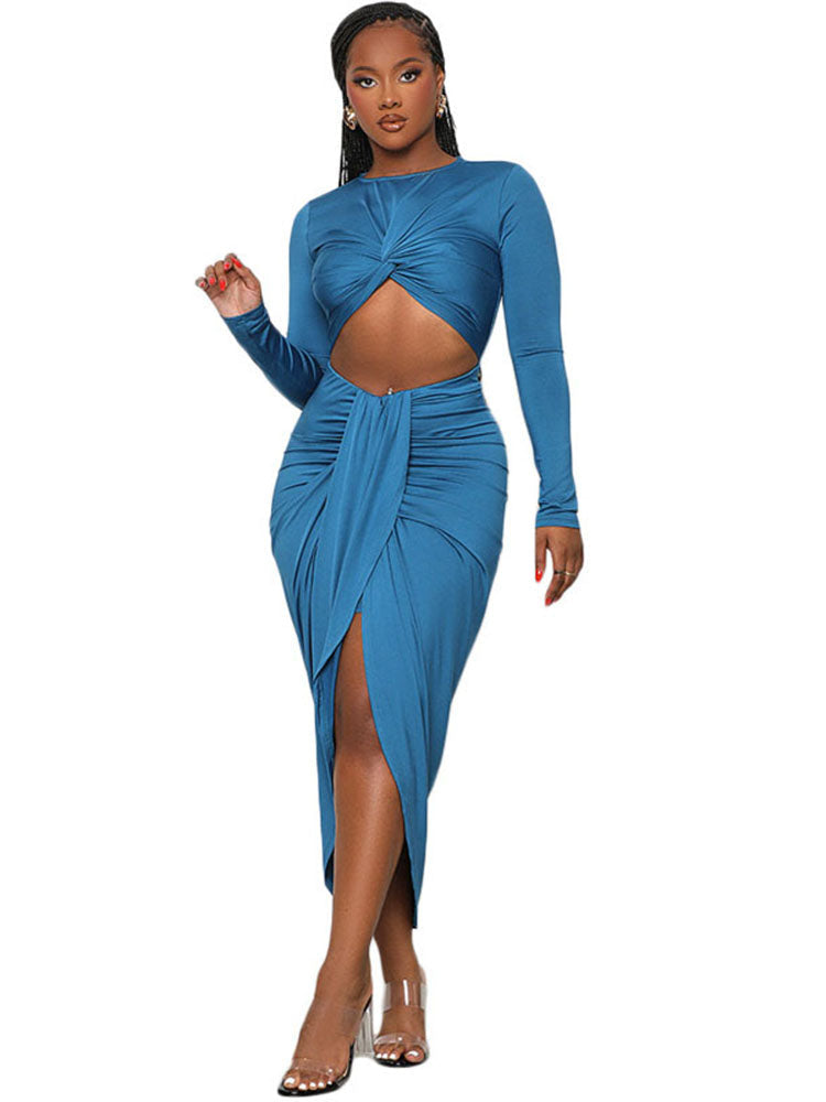 Long Sleeve Tie Ruched Midi Dresses