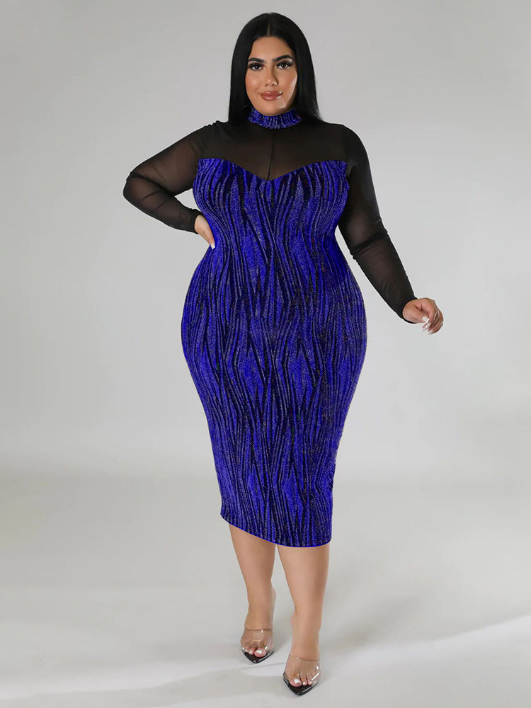 Long Sleeve Mesh Patchwork Plus Size Midi Dresses