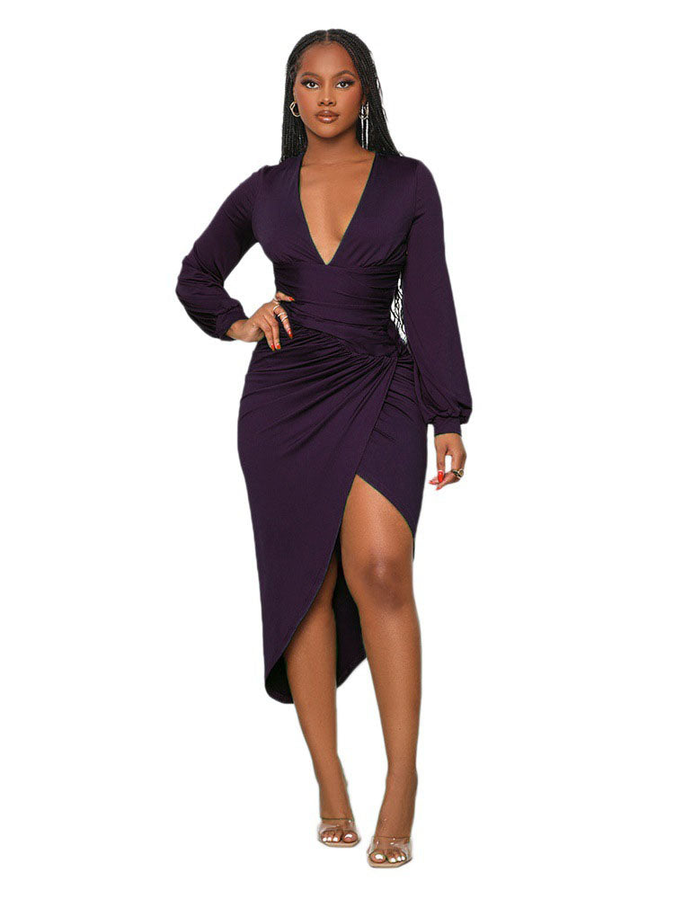 Deep V Neck Long Sleeve Ruched Midi Dresses