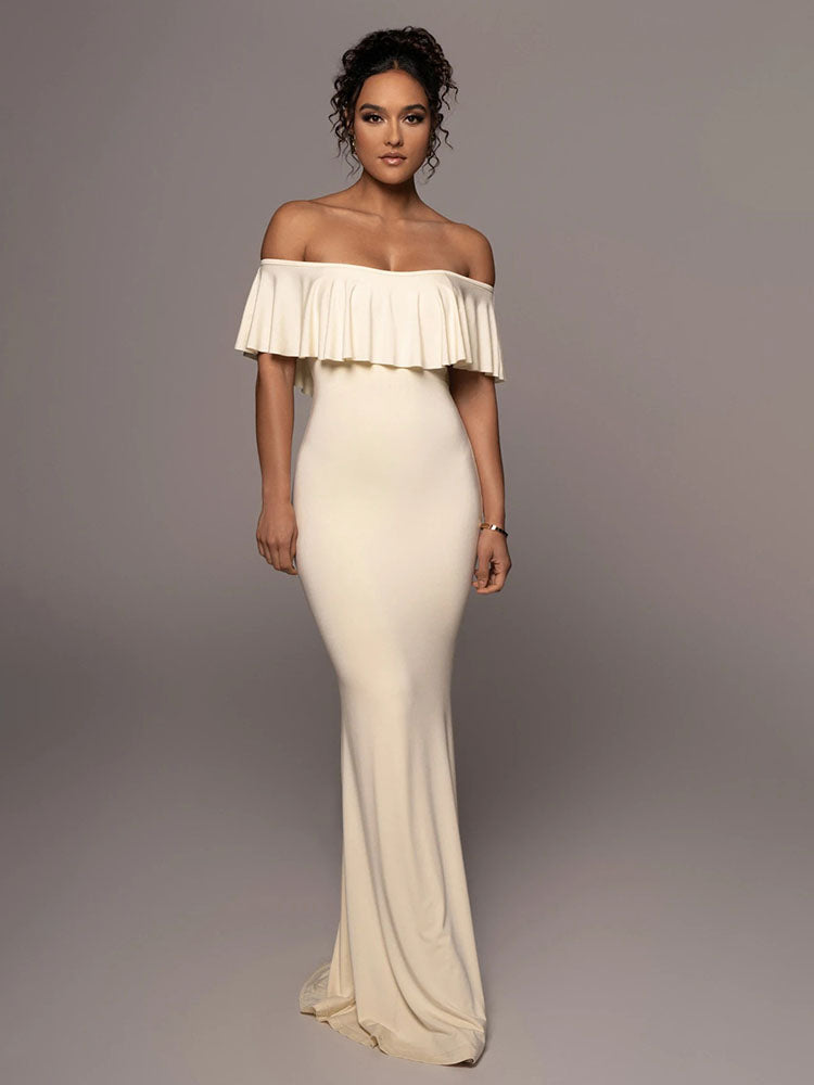 Off Shoulder Solid Ruffle Maxi Dresses