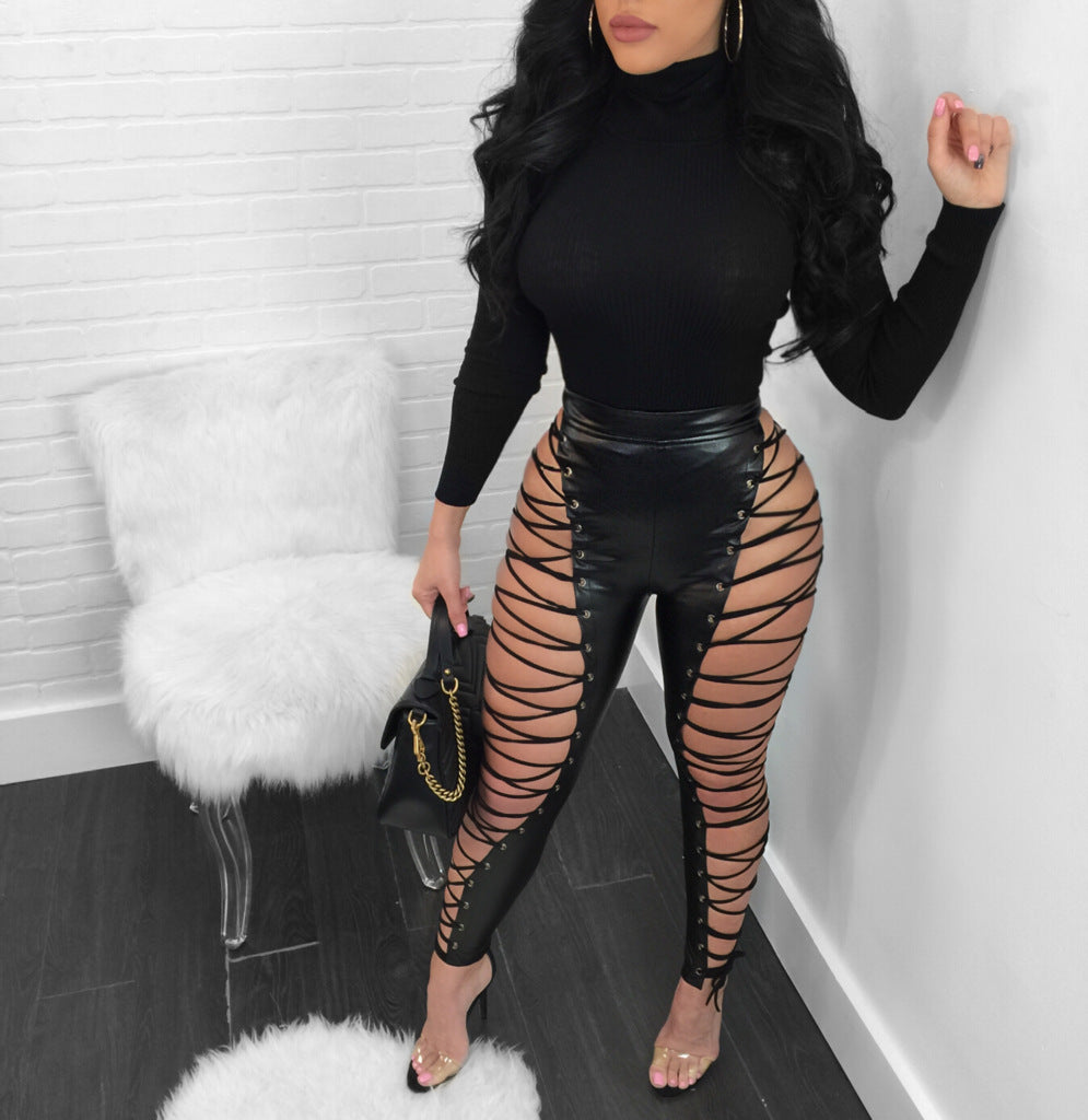 PU Criss Cross Bandage Bodycon Pants