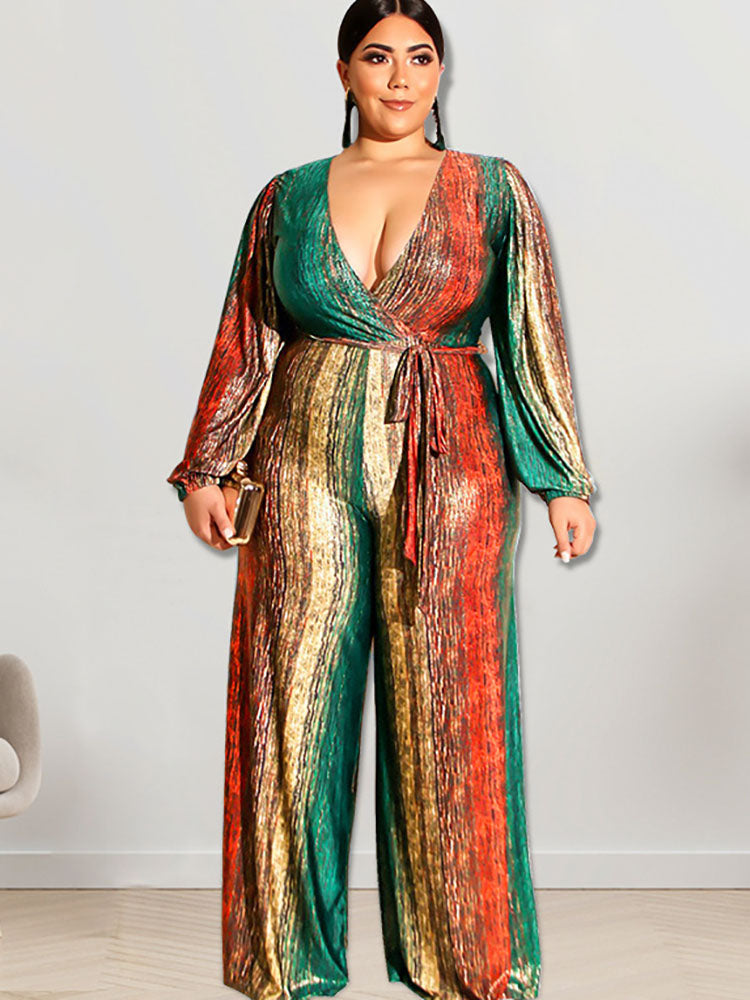 Plus Size Long Sleeves Tie Dyed Print Jumpsuits