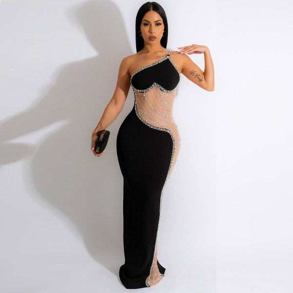 Rhinestone One Shoulder Mesh Maxi Dresses