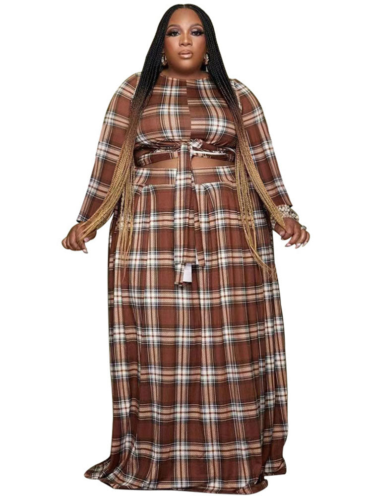 Two Piece Plaid Crop Top Maxi Skirt Plus Size Set