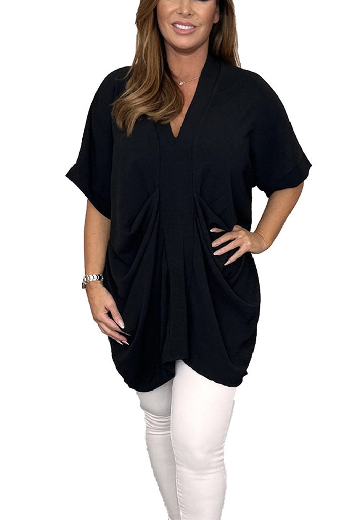 Short Sleeve V Neck Ruched Tops