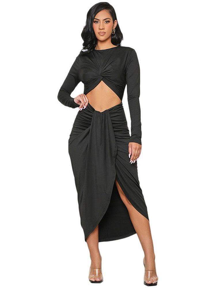 Long Sleeve Tie Ruched Midi Dresses