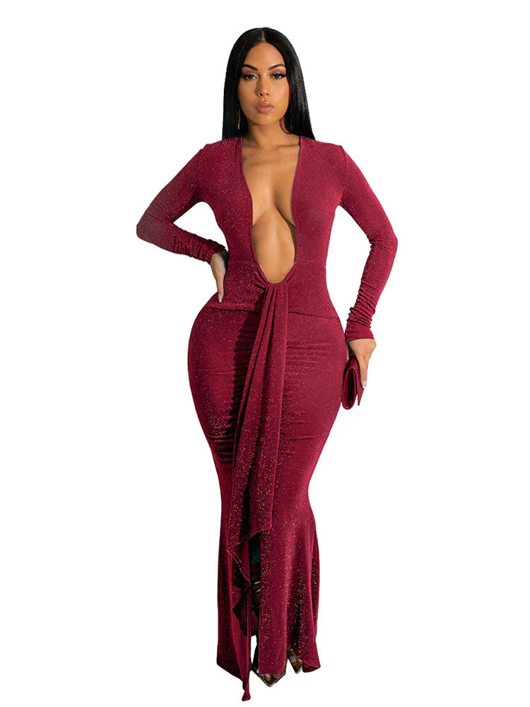 V Neck Glitter Bodycon Maxi Dresses